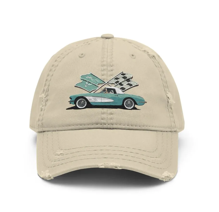 Corvette C1 Aqua Antique Classic Car owner gift Distressed Dad Hat