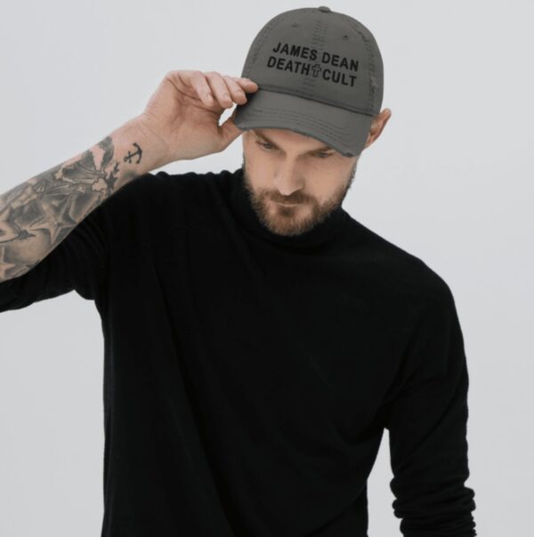 James Dean Death Cult Distressed Dad Hat Text Black Gray