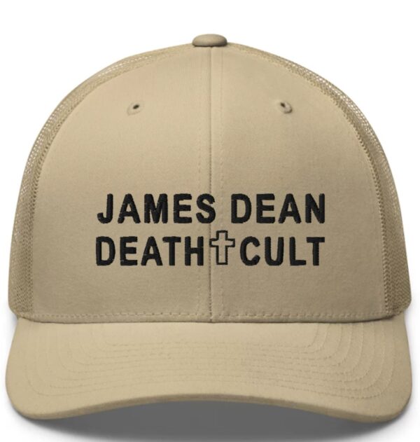 James Dean Death Cult Retro Trucker Hat Text Black Khaki